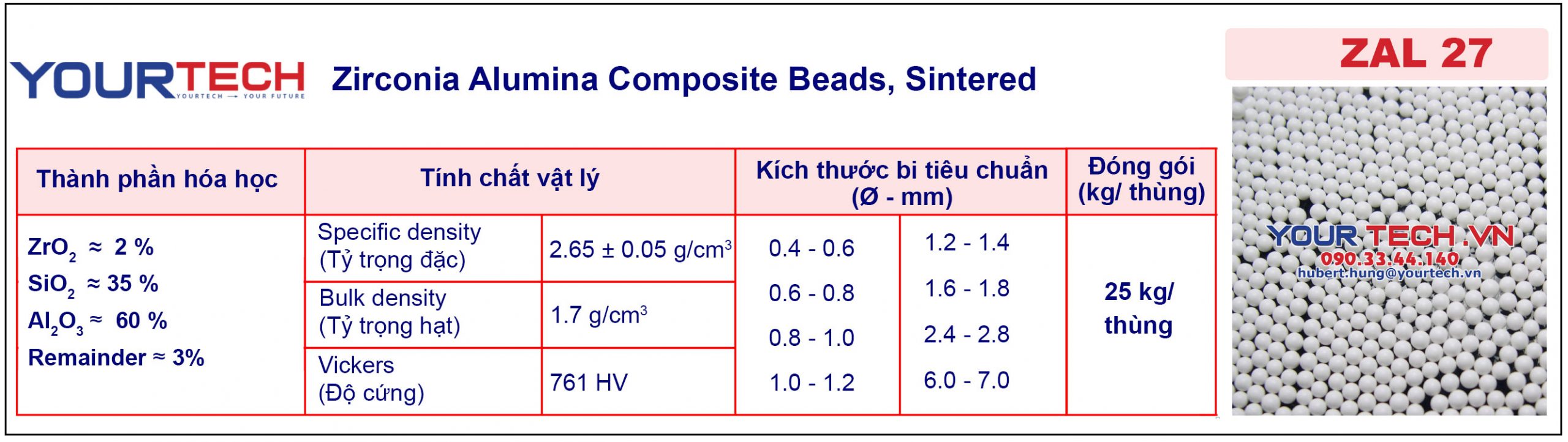 Thông số kỹ thuật bi nghiền ZAL27 - Bi nghiền ceramic (bi sứ)